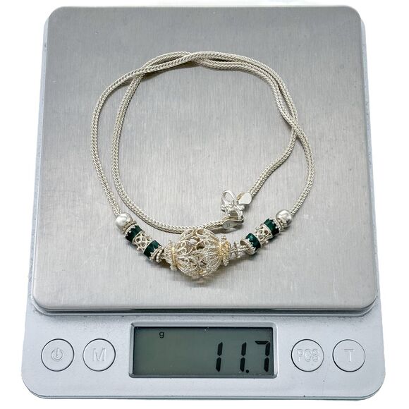 Vintage Artisan Sterling Silver 925 Green Enamel Beaded Wheat Chain Necklace 16" - Picture 5 of 5